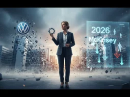 Psychologie des Niedergangs: Das VW-Beben und die McKinsey-Liste 2026 Geschäftsfrau vor VW-Logo und McKinsey-Liste 2026 visualisiert die Psychologie des Niedergangs und das VW-Beben.