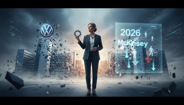 Geschäftsfrau vor VW-Logo und McKinsey-Liste 2026 visualisiert die Psychologie des Niedergangs und das VW-Beben.