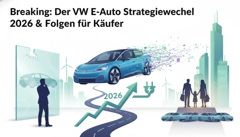 VW E-Auto Strategiewechsel 2026: Ein Elektroauto auf Kurs mit Aufwärtstrend für Käufer in futuristischer Stadt.