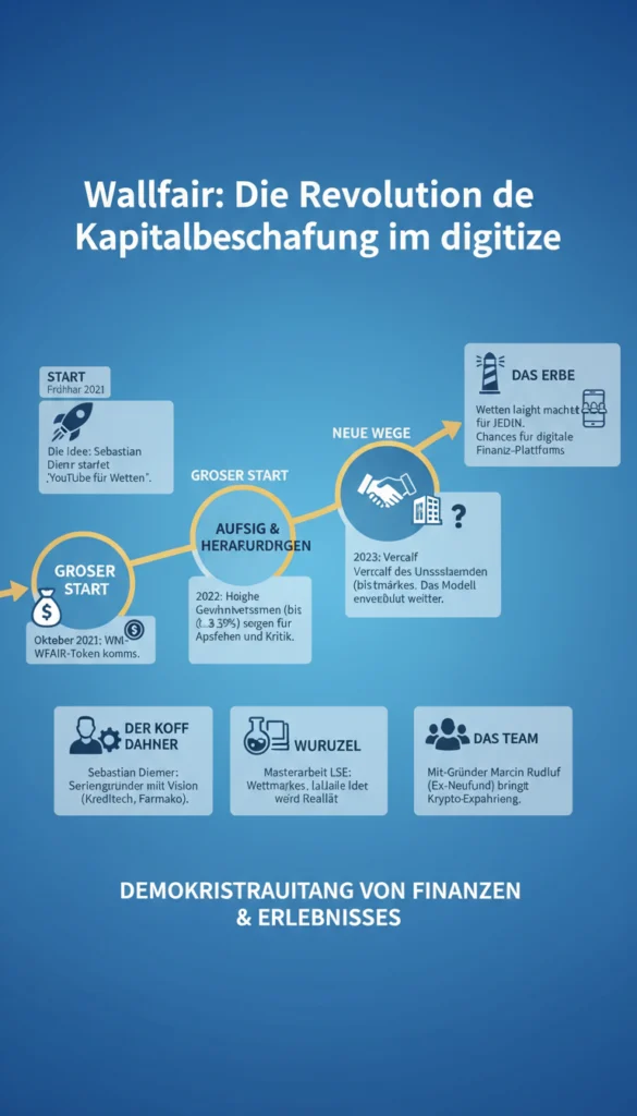 Eine Infografik zur Unternehmensgeschichte von Wallfair, betitelt 'Die Revolution der Kapitalbeschaffung im digitalen Zeitalter'. Sie zeigt eine Zeitleiste von der Gründung im Frühjahr 2021 als 'YouTube für Wetten', über den Token-Start im Oktober 2021 und Herausforderungen im Jahr 2022, bis hin zum Verkauf des Unternehmens 2023. Im unteren Bereich werden die Gründer Sebastian Diemer und Marcin Rudolf sowie die Vision einer Demokratisierung von Finanzen und Erlebnissen hervorgehoben.