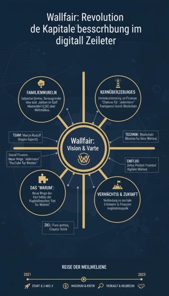 Eine Infografik zur Unternehmensgeschichte von Wallfair, betitelt 'Die Revolution der Kapitalbeschaffung im digitalen Zeitalter'. Sie zeigt eine Zeitleiste von der Gründung im Frühjahr 2021 als 'YouTube für Wetten', über den Token-Start im Oktober 2021 und Herausforderungen im Jahr 2022, bis hin zum Verkauf des Unternehmens 2023. Im unteren Bereich werden die Gründer Sebastian Diemer und Marcin Rudolf sowie die Vision einer Demokratisierung von Finanzen und Erlebnissen hervorgehoben.