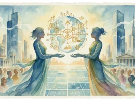 Eine detailreiche Aquarell-Illustration von zwei majestätischen Frauen in fließenden blauen und goldenen Kleidern, die gemeinsam einen leuchtenden Globus in der Mitte halten. Auf dem Globus sind verschiedene goldene Finanzsymbole wie Dollarzeichen, Aufwärtstrends und Zahnräder zu sehen. Im Hintergrund verschmelzen moderne Wolkenkratzer mit klassischer Architektur, während unten kleine Personengruppen zusehen, was die globale Vernetzung der Kapitalbeschaffung darstellt.