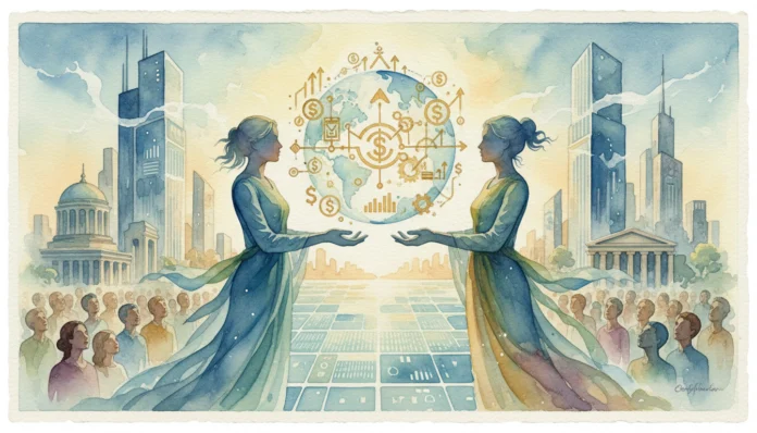 Eine detailreiche Aquarell-Illustration von zwei majestätischen Frauen in fließenden blauen und goldenen Kleidern, die gemeinsam einen leuchtenden Globus in der Mitte halten. Auf dem Globus sind verschiedene goldene Finanzsymbole wie Dollarzeichen, Aufwärtstrends und Zahnräder zu sehen. Im Hintergrund verschmelzen moderne Wolkenkratzer mit klassischer Architektur, während unten kleine Personengruppen zusehen, was die globale Vernetzung der Kapitalbeschaffung darstellt.