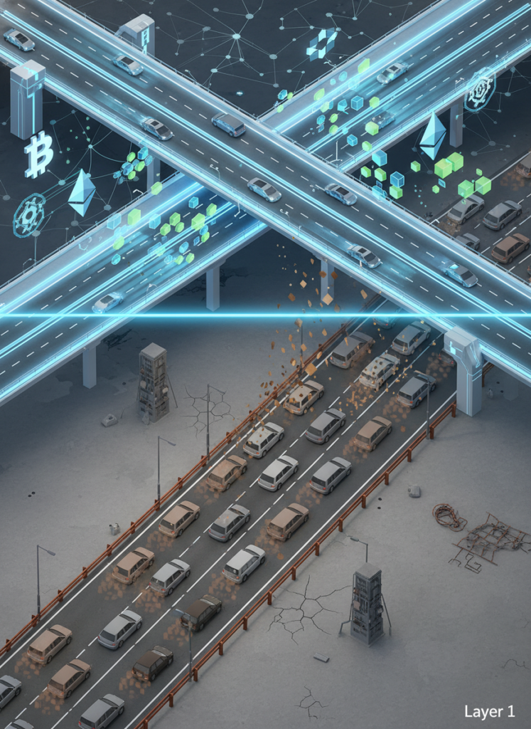 Ethereum L1 vs L2 Skalierung visualisiert durch Autobahn-Analogie