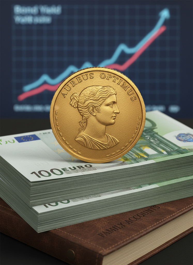 Ist der DAX überbewertet? Eine fundamentale Analyse 2026 4 Eine Goldmünze liegt auf einem Stapel Euro-Scheinen, Symbol für Inflationsschutz und Werterhalt