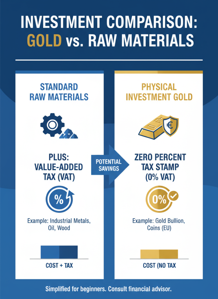 Grafik zur Erklärung der Umsatzsteuerbefreiung von Anlagegold im Vergleich zu anderen Rohstoffen Fig 1: Grafik zur Erklärung der Umsatzsteuerbefreiung von Anlagegold im Vergleich zu anderen Rohstoffen