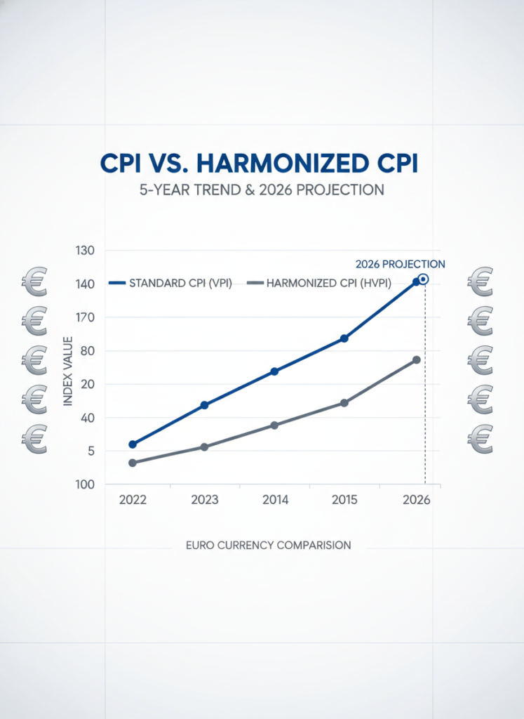 Fig 1: Liniendiagramm, das VPI und HVPI Entwicklungen bis 2026 vergleicht