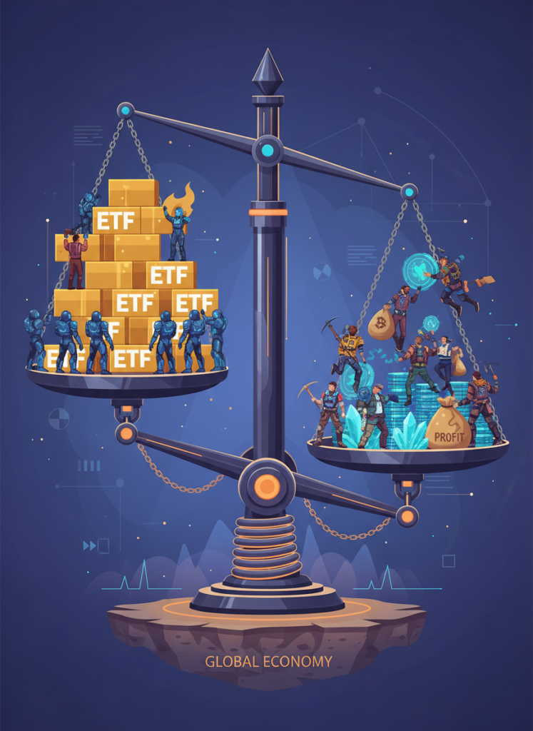 Welchen Einfluss hat der Morgan Stanley Bitcoin ETF auf den Markt? 2 Waage, die das Gleichgewicht zwischen ETF-Zuflüssen und Gewinnmitnahmen von Walen zeigt