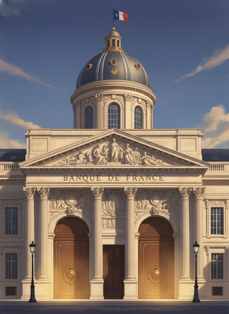 Historisches Gebäude der Banque de France mit strahlendem Goldtresor
