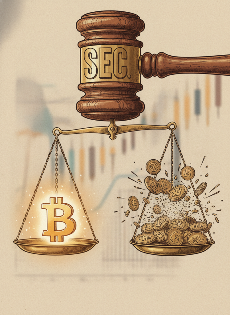 Eine Waage, die Bitcoin bevorzugt und Altcoins unter einem SEC-Hammer zerdrückt