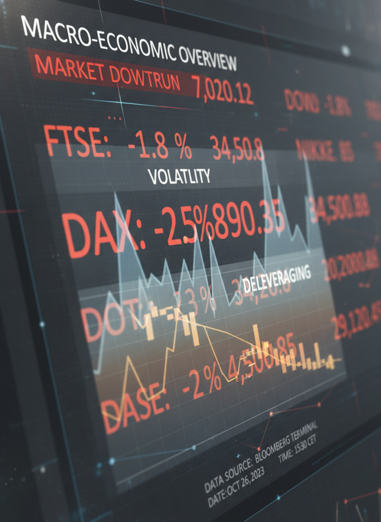 Der große Zyklus des DAX: Makro-Prinzipien, EZB-Zinsen & Marktlage 1 Dashboard zeigt sinkenden DAX Index und hohe Marktvolatilität in rot.