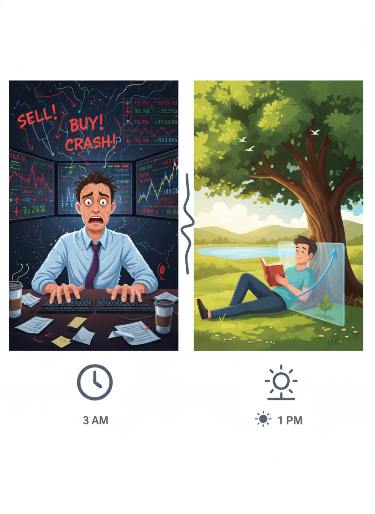 Vergleich zwischen einem gestressten Daytrader und einem entspannten Index-Investor.