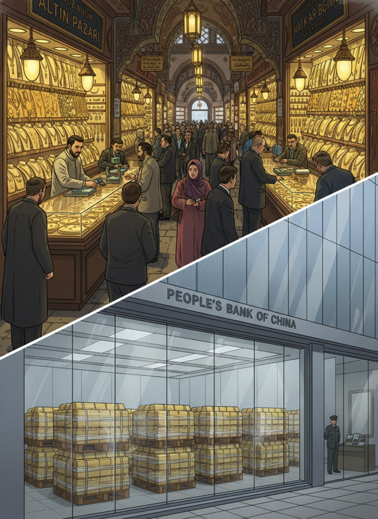 Gegenüberstellung von Goldverkäufen in der Türkei und Goldakkumulation in China