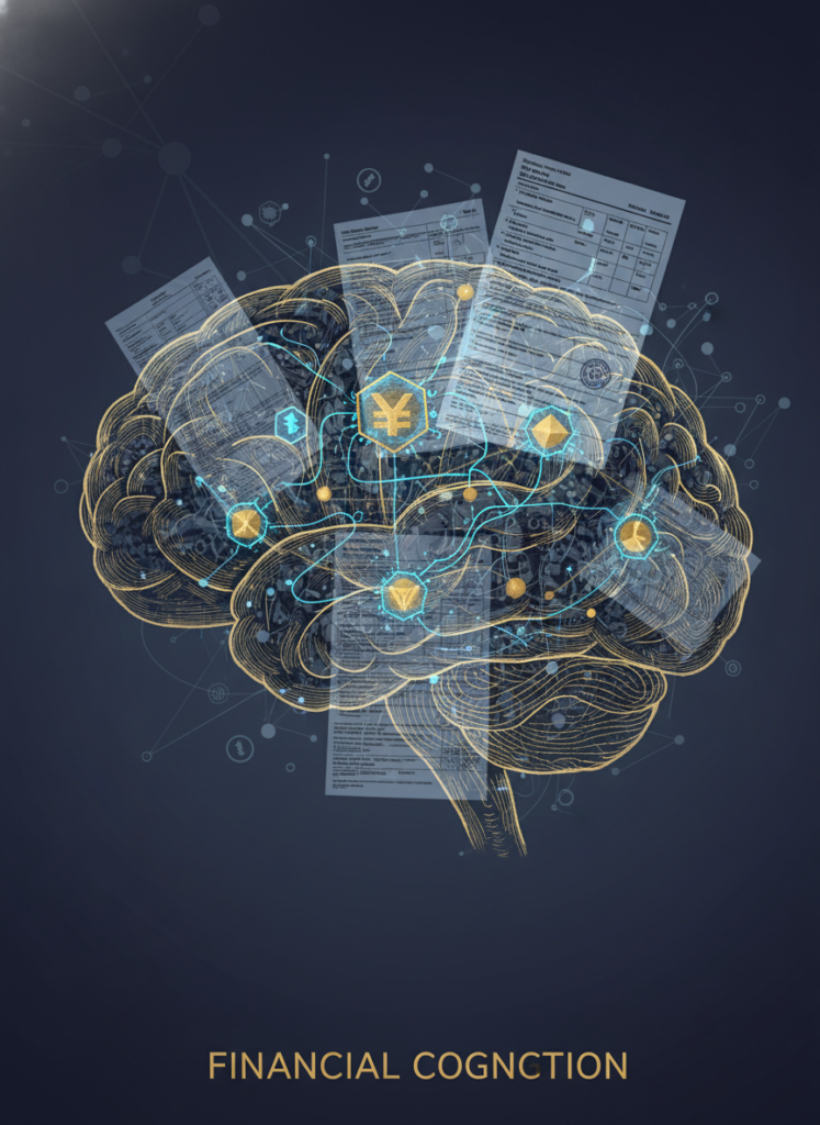 Ein Gehirn, das mit Krypto-Nodes und Steuerformularen verschmilzt, symbolisiert die psychologische Last von Staking-Steuern.