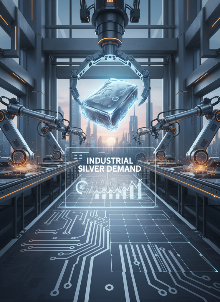 Industrielle Fertigung von Solarpaneelen, die den massiven Silberverbrauch verdeutlicht