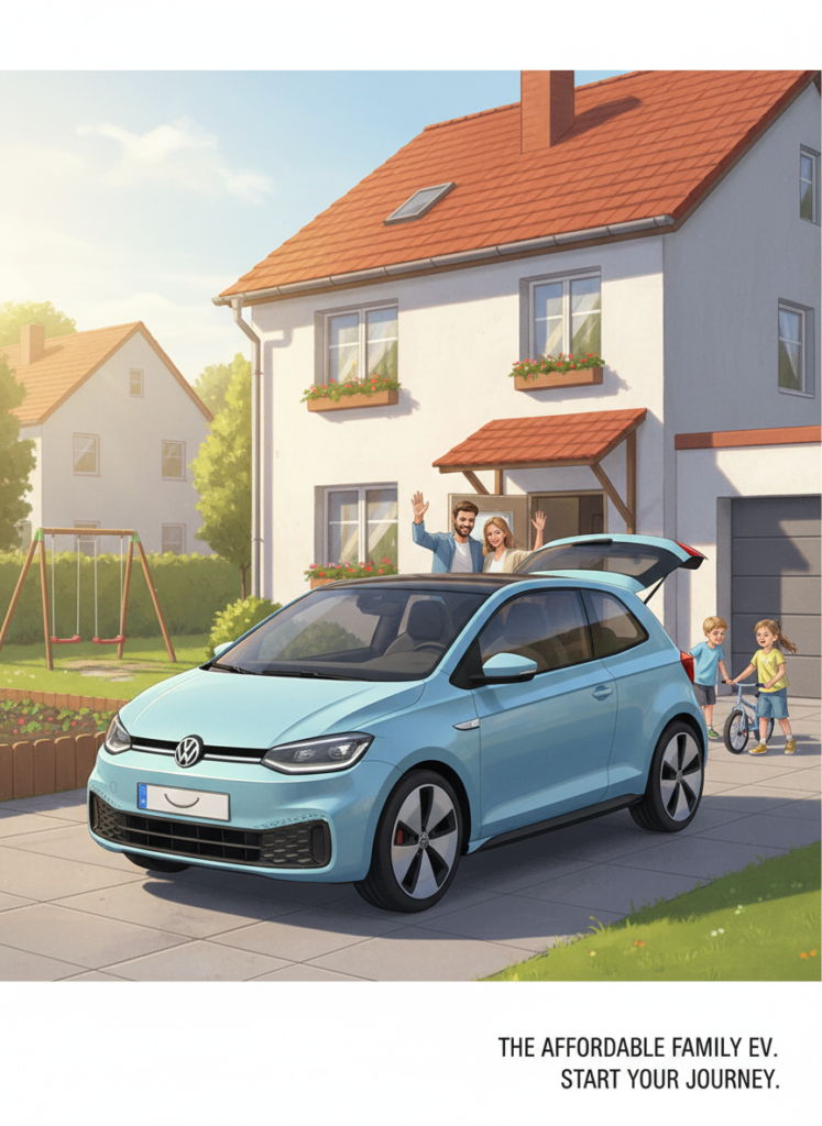 Der VW E-Auto Strategiewechsel 2026 & Folgen für Käufer 3 Kompaktes, günstiges Elektroauto geparkt vor einem Familienhaus
