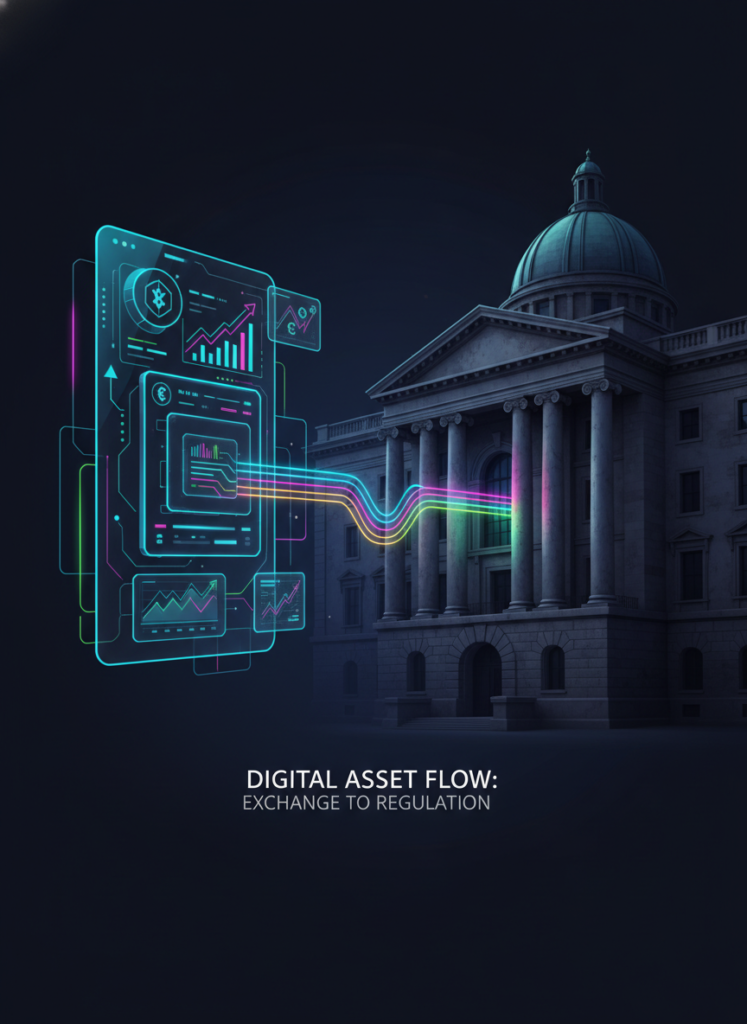 Datenfluss von einer Kryptobörse zu einem Regierungsgebäude, repräsentiert die DAC8-Meldepflicht.