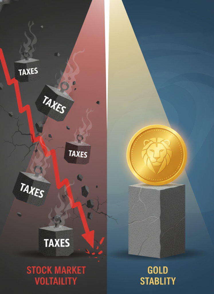 Symbolischer Vergleich zwischen volatilen Aktien unter Steuerlast und sicherem Gold auf einem Podest.
