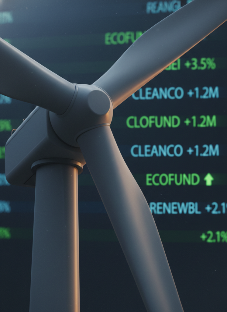 Windturbine vor einem verschwommenen Börsenticker