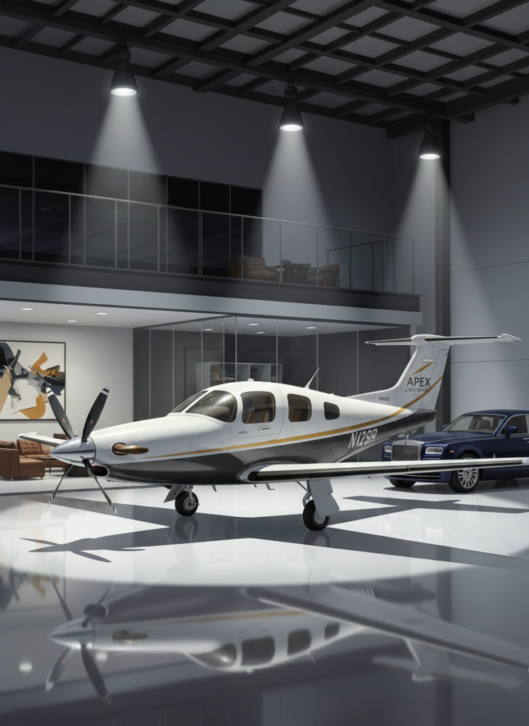 Ein luxuriöses privates Propellerflugzeug im Hangar, ähnlich dem von Friedrich Merz.