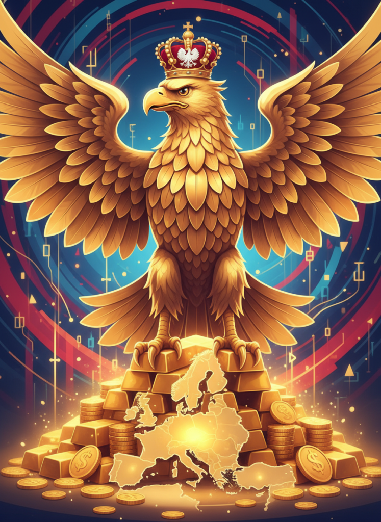 Polnischer Adler wacht schützend über gestapelte Goldbarren in Europa