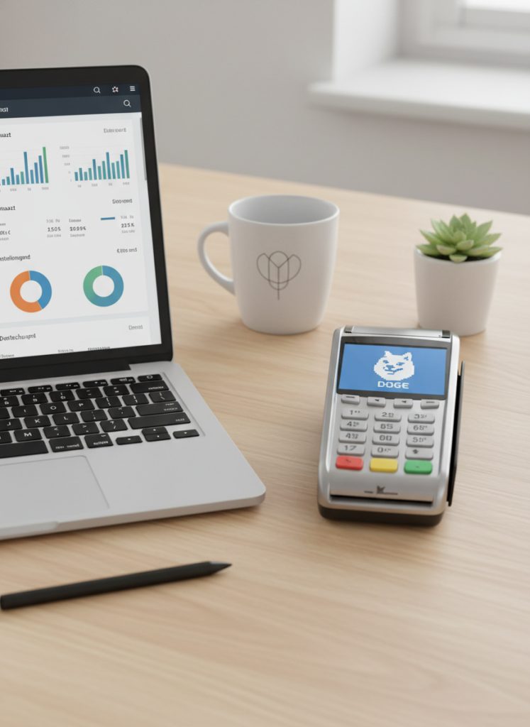 Dogecoin Zahlungsterminal und E-Commerce Dashboard auf einem Schreibtisch