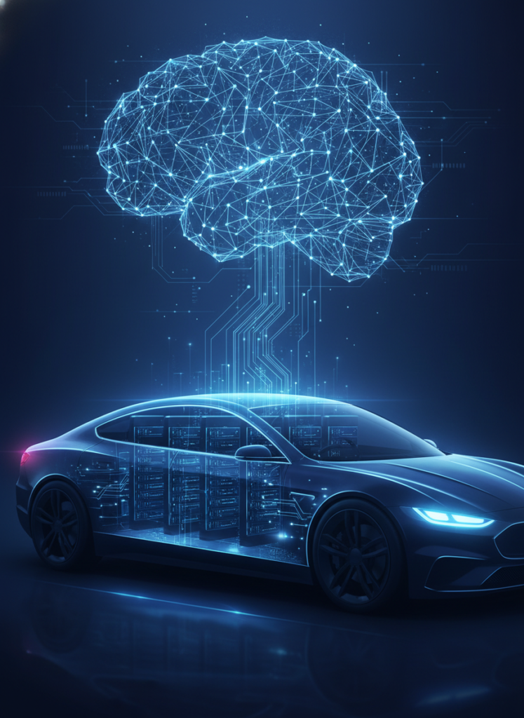 Illustration einer Terafab-Serverfarm, die das KI-Potenzial von Tesla visualisiert.