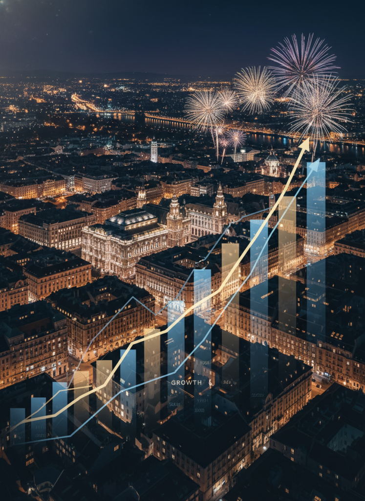 Luftaufnahme von Wien bei Nacht mit eingeblendeten Finanzgraphen, die den Profit der Hotels zeigen.