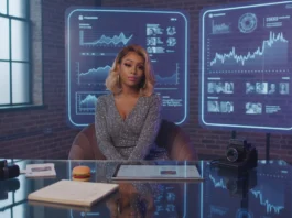 Eine Frau in einem Paillettenkleid sitzt an einem Schreibtisch, hinter ihr befinden sich futuristische digitale Bildschirme, die Daten und Profile anzeigen und das WhopperMe-Phänomen mit einem kleinen Burger und Kameras auf dem Tisch darstellen.