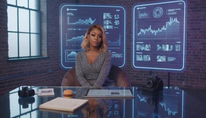 Eine Frau in einem Paillettenkleid sitzt an einem Schreibtisch, hinter ihr befinden sich futuristische digitale Bildschirme, die Daten und Profile anzeigen und das WhopperMe-Phänomen mit einem kleinen Burger und Kameras auf dem Tisch darstellen.