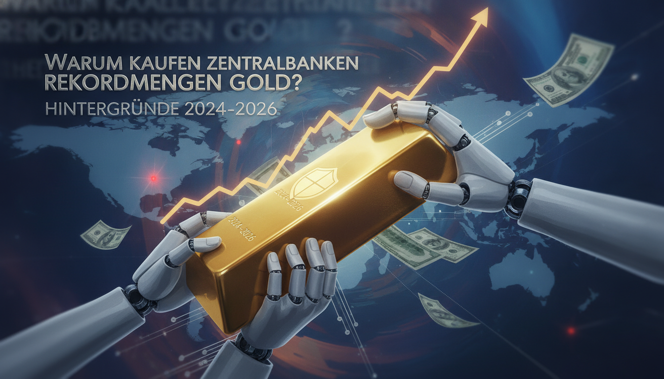 Roboterhände halten einen Goldbarren vor Weltkarte. Zentralbanken kaufen Rekordmengen Gold im Zeitraum 2024-2026.