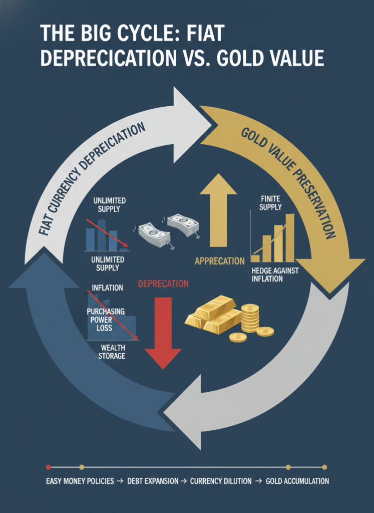 Grafik, die den Wertverlust von Fiat-Währungen im Vergleich zu Gold darstellt