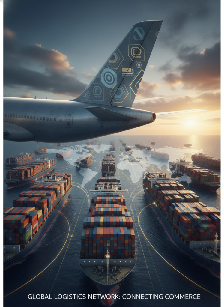 Logistiknetzwerk und Flugzeuge, die den Reichtum von Kühne symbolisieren