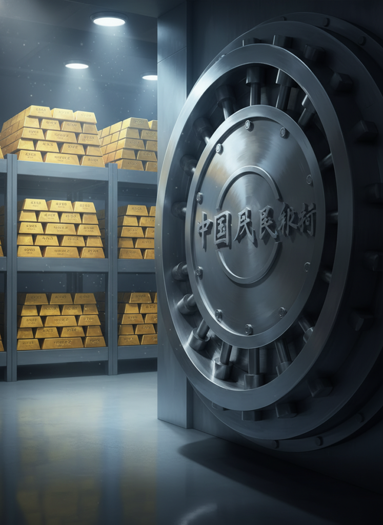 PBOC Goldtresor mit gestapelten Goldbarren als Symbol der Währungsreserven