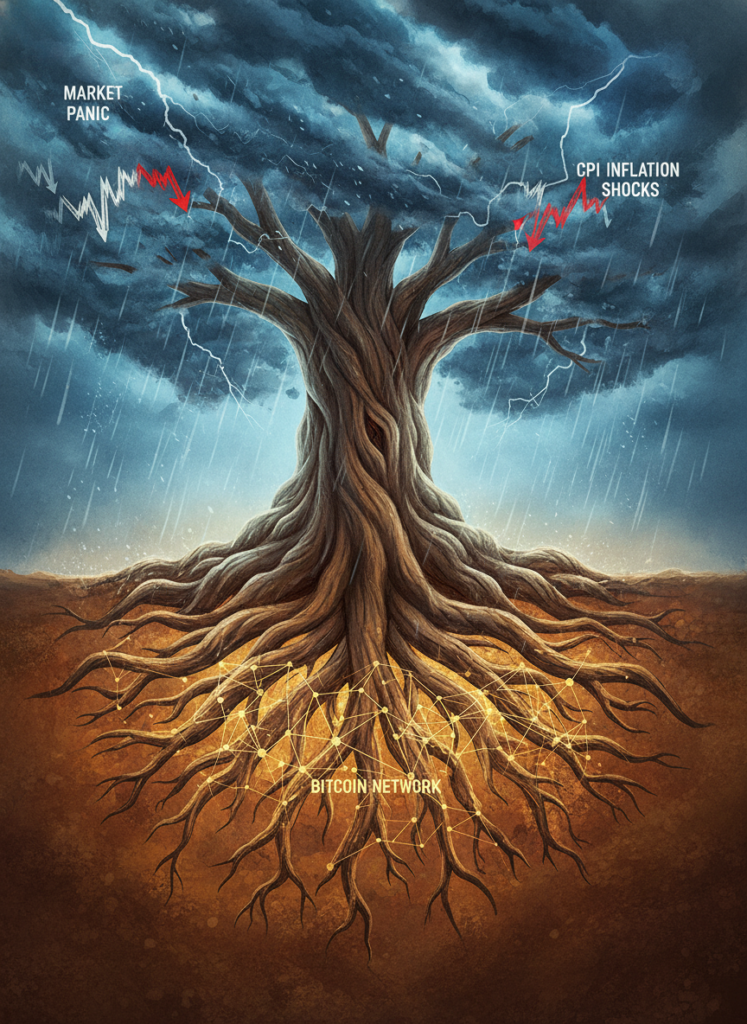 Ein starker Baum mit tiefen Wurzeln, der einem Sturm widersteht, als Metapher für Bitcoin während eines Inflationsschocks.