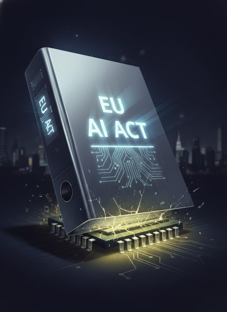 Illustration des EU AI Acts, der auf einem fragilen KI-Chip lastet