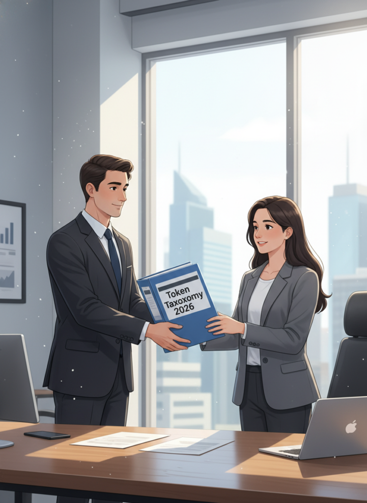 Übergabe neuer Krypto-Regulierungsdokumente in einem hellen Büro