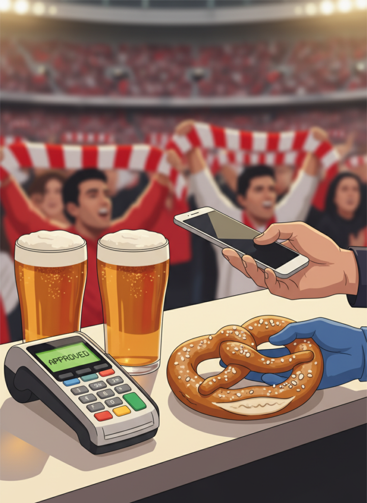 Fan zahlt kontaktlos am Catering Stand in der Allianz Arena
