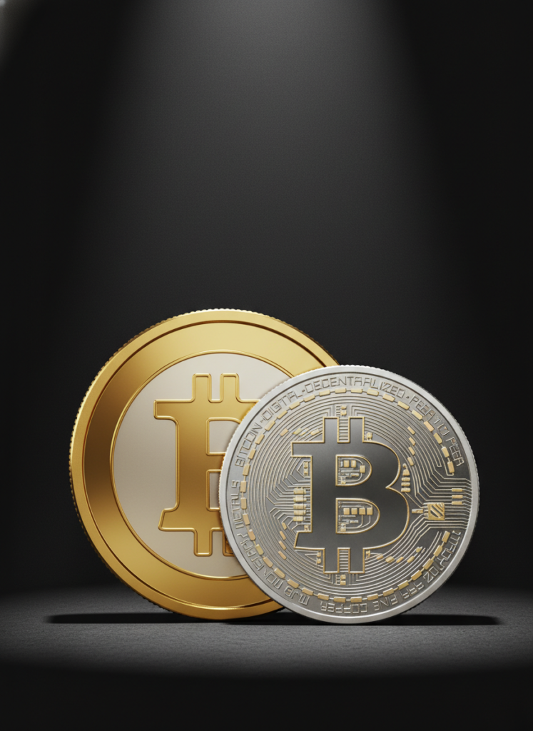 BREAKING: Nahost-Krise 2026 – Warum Investoren jetzt in Gold flüchten 3 Nahaufnahme einer Goldmünze und eines Bitcoins als Vergleich für sichere Anlagehäfen während Krisenzeiten.