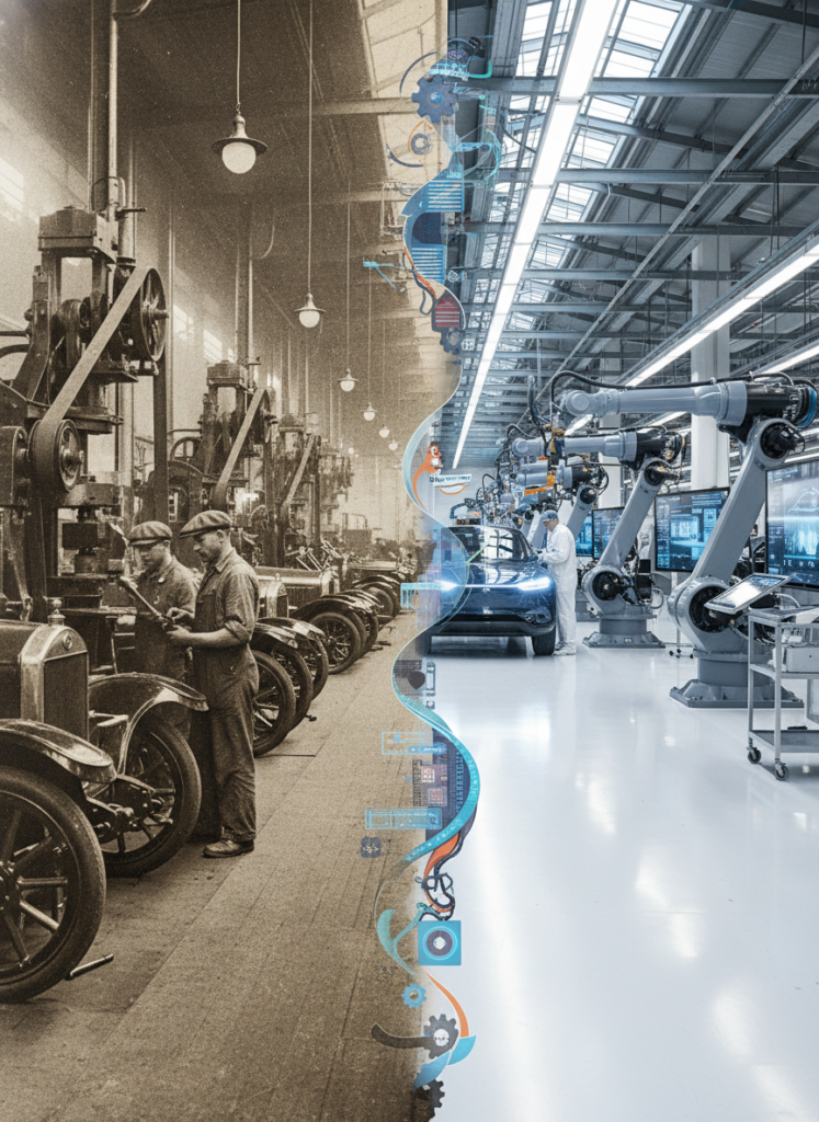 Historische und moderne Automobilfertigung als Symbol für generationalen Reichtum