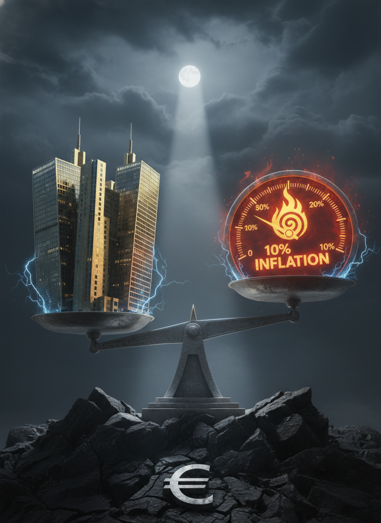 Der große Zyklus des DAX: Makro-Prinzipien, EZB-Zinsen & Marktlage 2 EZB Gebäude auf einer Waagschale gegen ein leuchtendes Inflationsbarometer.