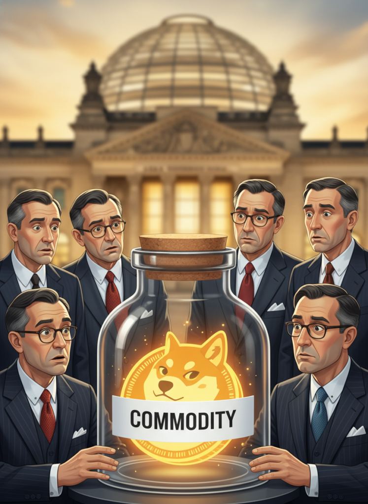 Wall Street Banker betrachten Dogecoin in einem Glasbehälter