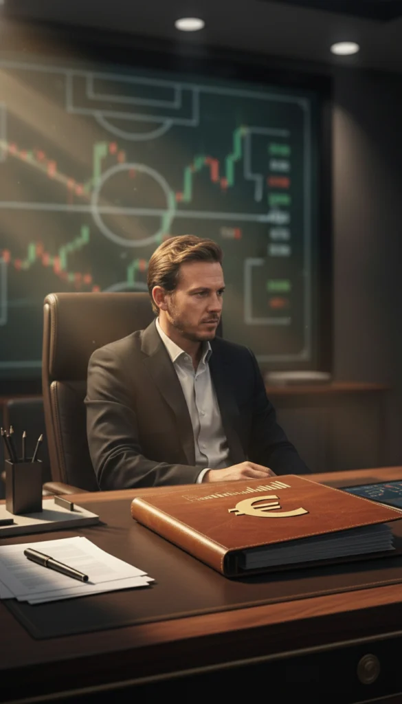 Een peinzende Xabi Alonso in een kantoor met financiële grafieken en een lederen map over zijn vermogen.