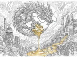 Zijin Mining und der Milliarden Angriff auf den Goldmarkt Z-Drache hält schmelzendes Gold über Industrieanlagen, symbolisiert den Zijin Mining Milliarden-Angriff auf den Goldmarkt.