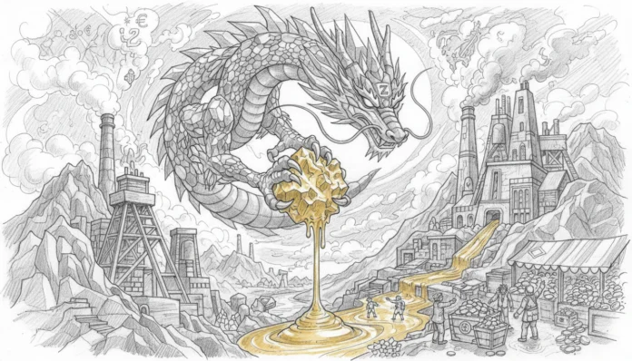 Z-Drache hält schmelzendes Gold über Industrieanlagen, symbolisiert den Zijin Mining Milliarden-Angriff auf den Goldmarkt.